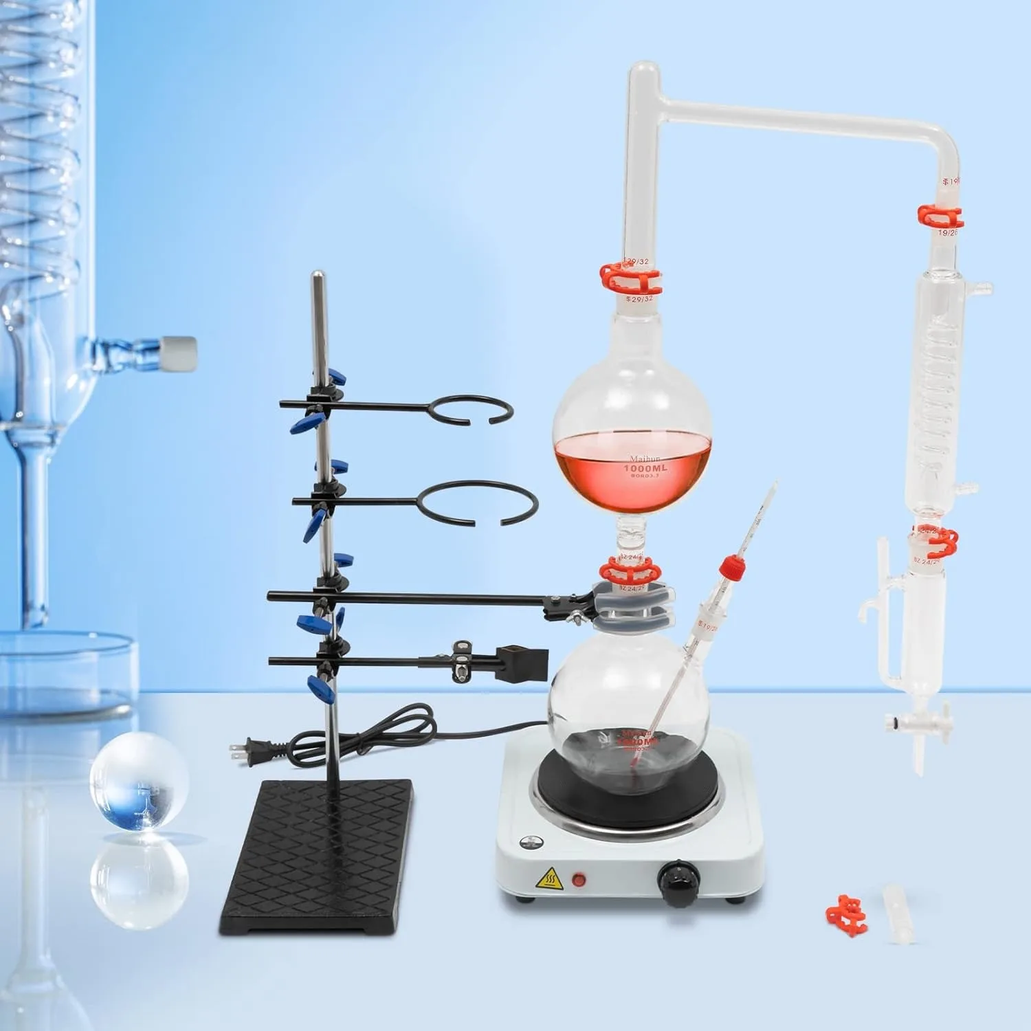 

110V 1000W Essential Oil Separator Steam Water Distiller Purifier Lab Glass Distillation Kit Oil Distillation Apparatus with Condenser+Hot Stove, 1000ML