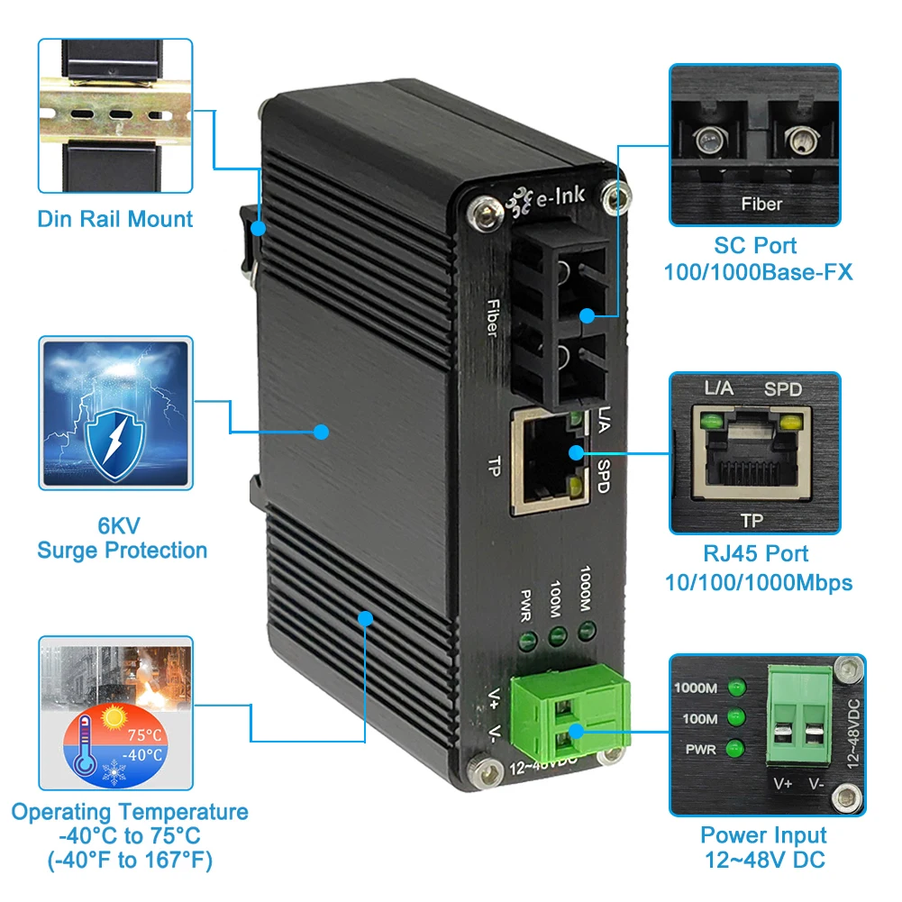 Industrial Gigabit Media Converter 10/100/1000M RJ45 to SC Fiber Media Converter Din Rail Mount Single-mode Multi-mode Optional