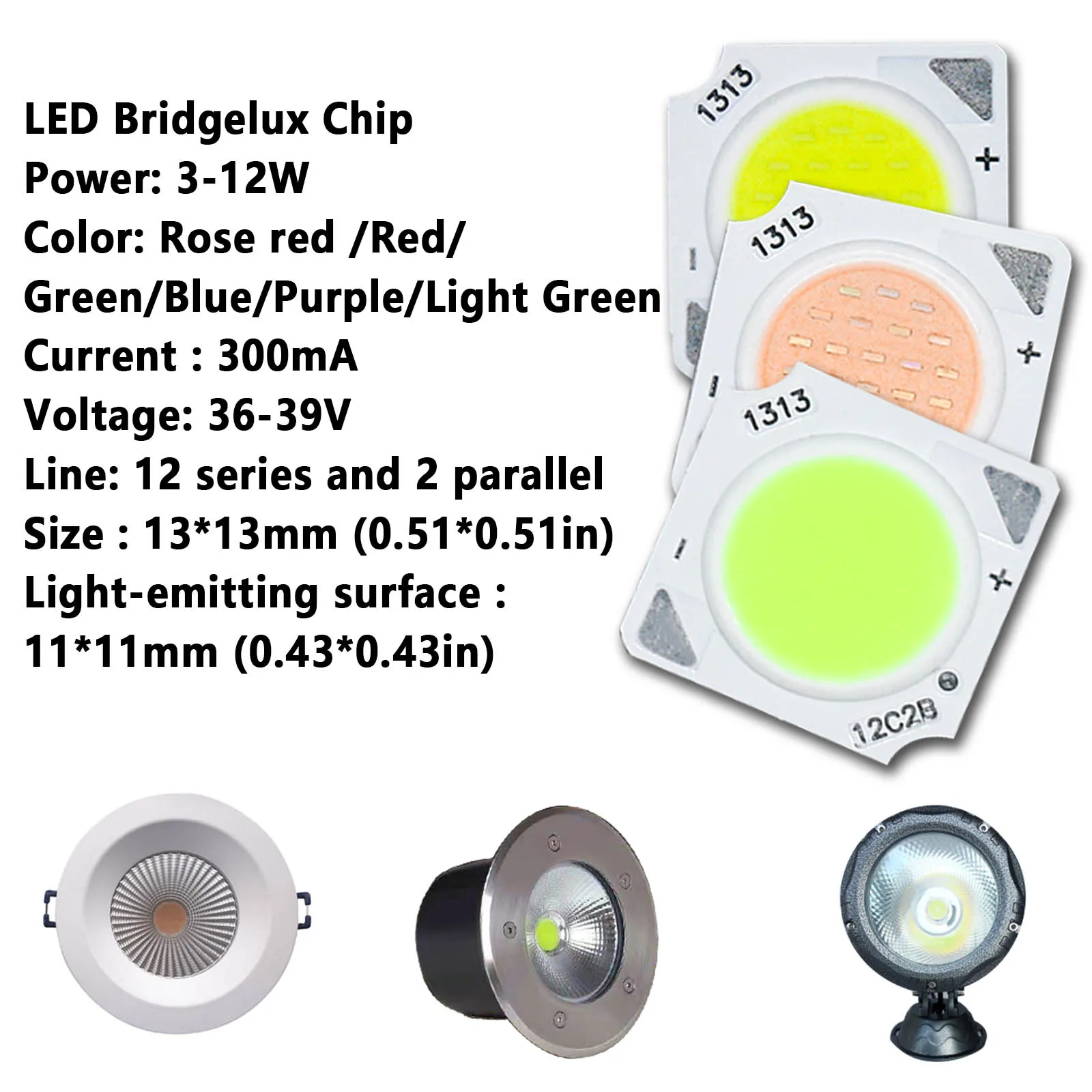 Bridgelux-Chips de luz LED de 3 a 12W, lámpara de matriz, DC36-39V de 300mA, verde/morado/verde claro, reflector para el hogar, 10 unidades