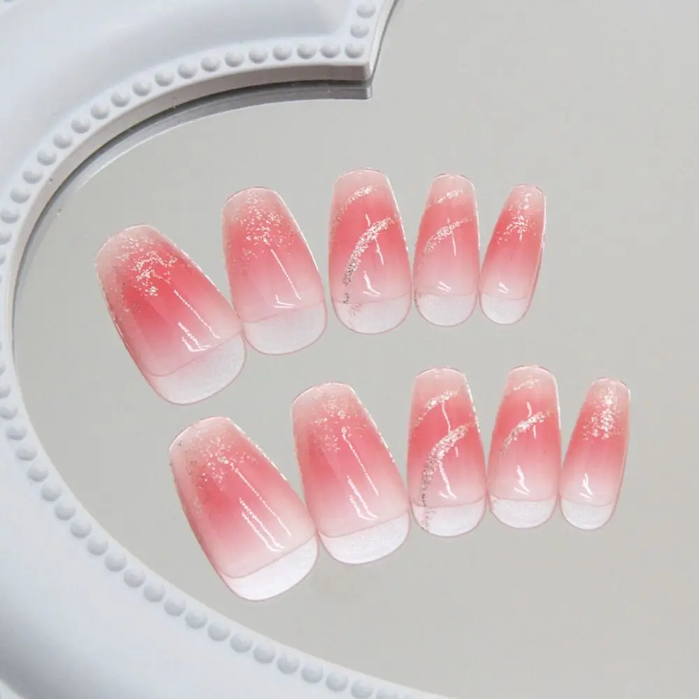 Fashion Long Ballerina False Nails Red Leaf Pink Glitter Nail Tips Detachable Full Cover Fake Nails DIY