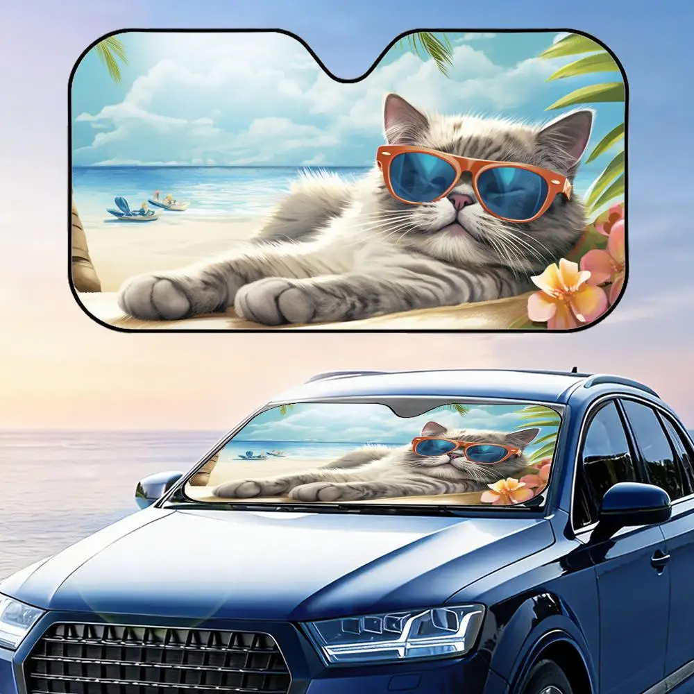 

Cat Perched on Beach Sun Visor Visor Reusable Aluminum Foil UV Protector Suction Cups Heat Three-layer Insulation