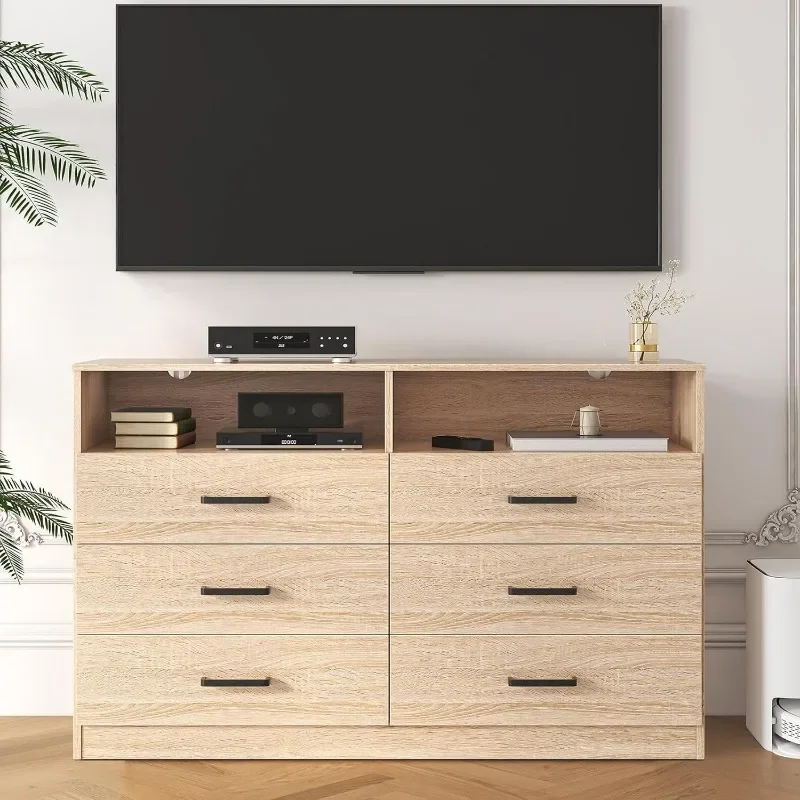 

home. 6 Drawers Dresser for Bedroom Wooden Dresser with Open Storage Cubby, Double Wide Dresser Organizer for Bedroom