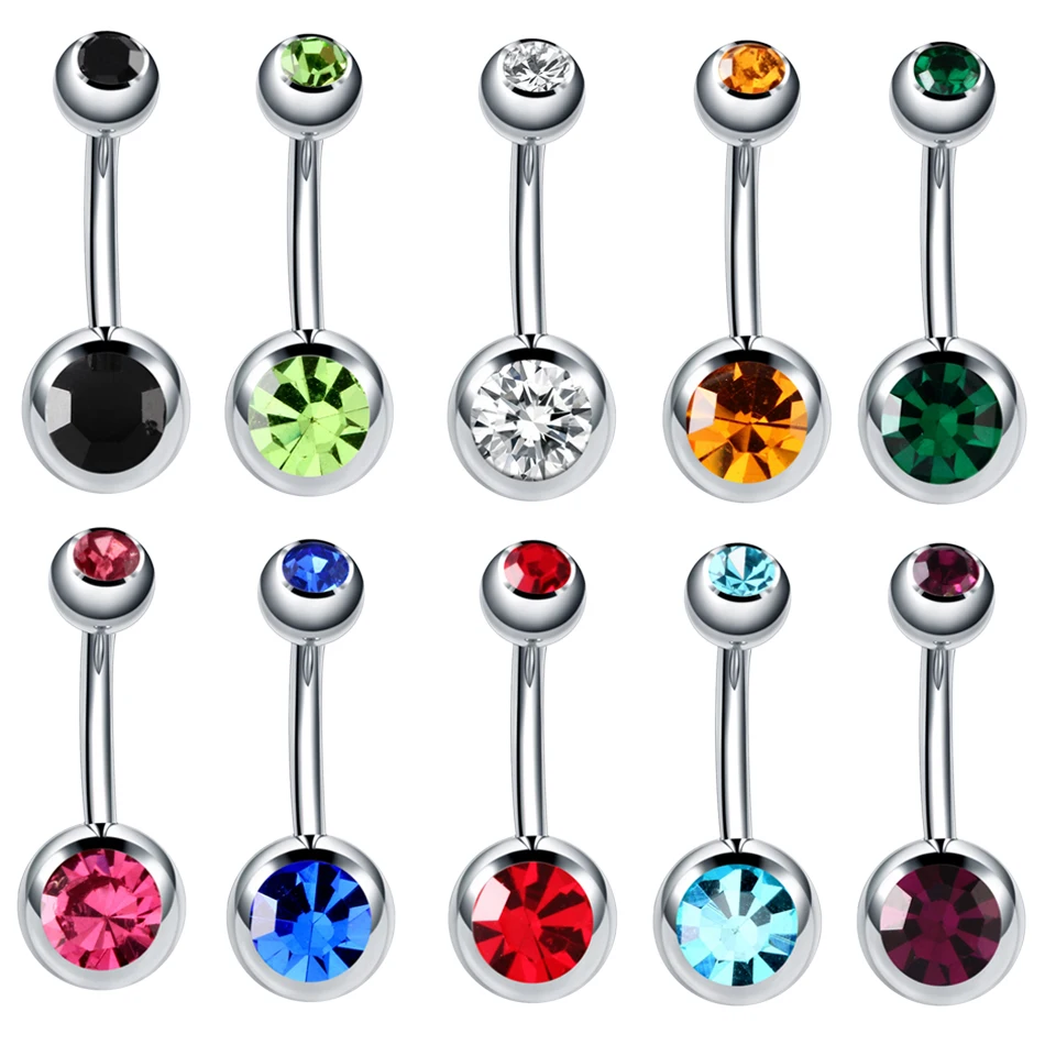 10pcs/lot Steel 14G Crystal Navel Piercing Belly Button Ring Rhinestone CZ Navel Barbell Stud Sexy Ombligo Ball Nombril Jewelry