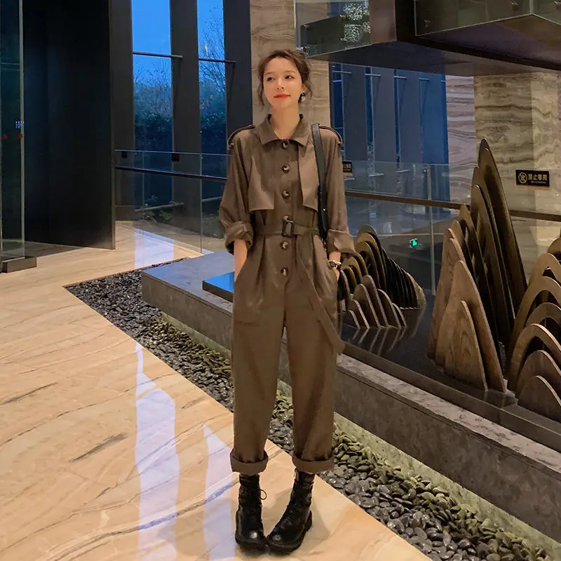 Spring Autumn New Long-sleeved High-waist Slim One-piece Women\'s Hong Kong Style Tooling One-piece Trousers Jumsuit Women