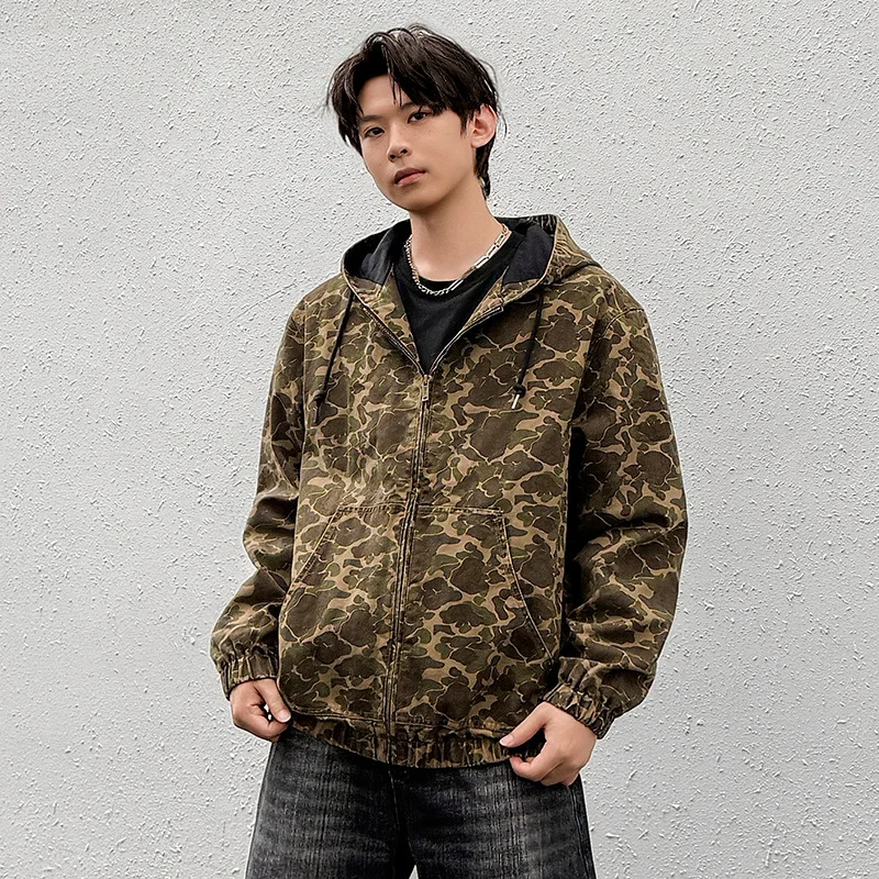 

Autumn Men Coat New Leopard Print Long Sleeve Zipper Washed Man Hooded Jacket Vintage Loose Versatile Casual Male Outerwear