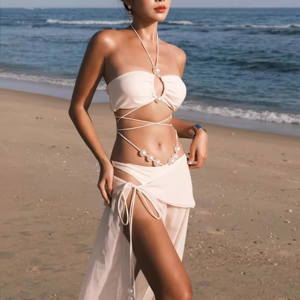 2026 Neuer Damen Perlen-Halter-Bikini mit Hohlmuster und Kreuzriemen, hochgeschlitztem Rock, sexy, schmal geschnitten, für Strand, Pool, Urlaub, Bademode, modischer Anzug – Detail 3