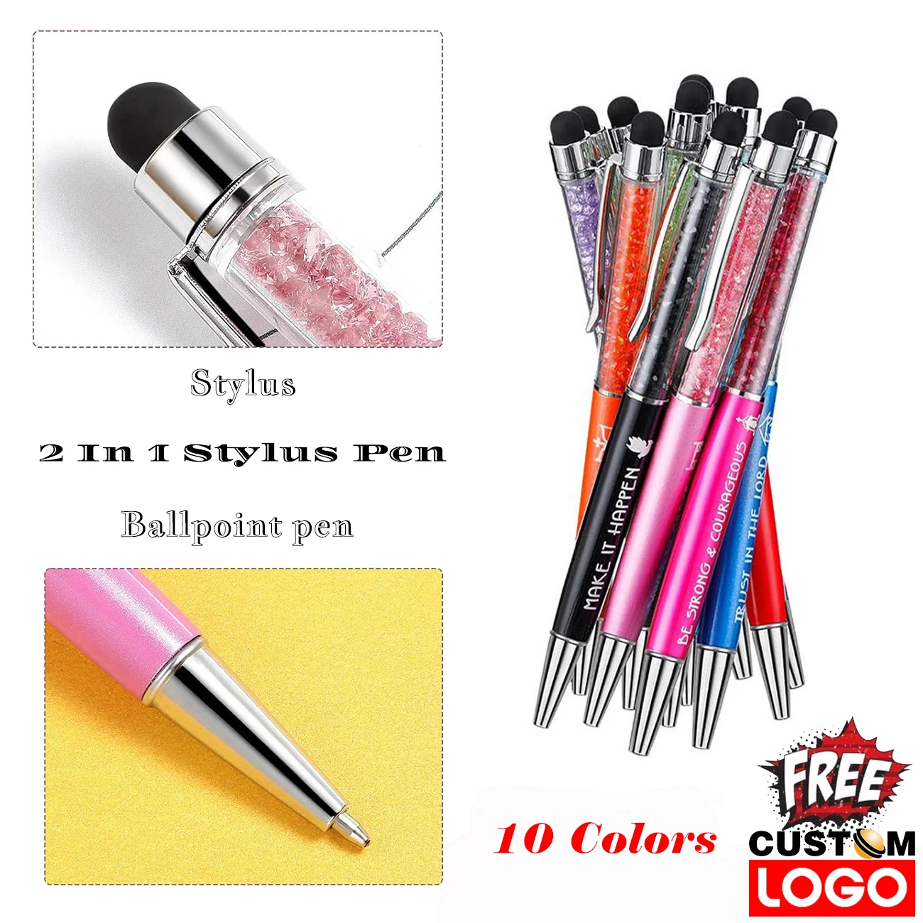 

10pcs/lot Personalized Engraving Logo 2 In 1 Metal Crystal Ballpoint Pen Capacitance Touch Screen Pens School Office Supplies