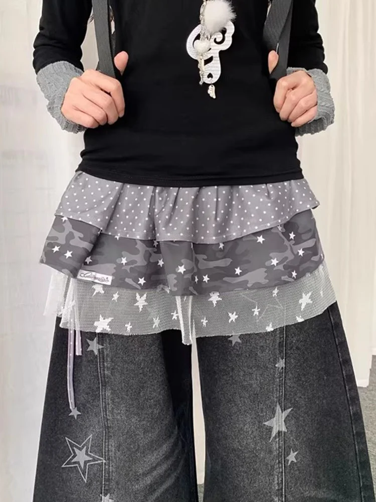 Polka Dot Lace Splice Cake Skirt Women's Autumn Winter Layered Wear Bottom Curtain Short Skirt Butt Cover Lace Curtain