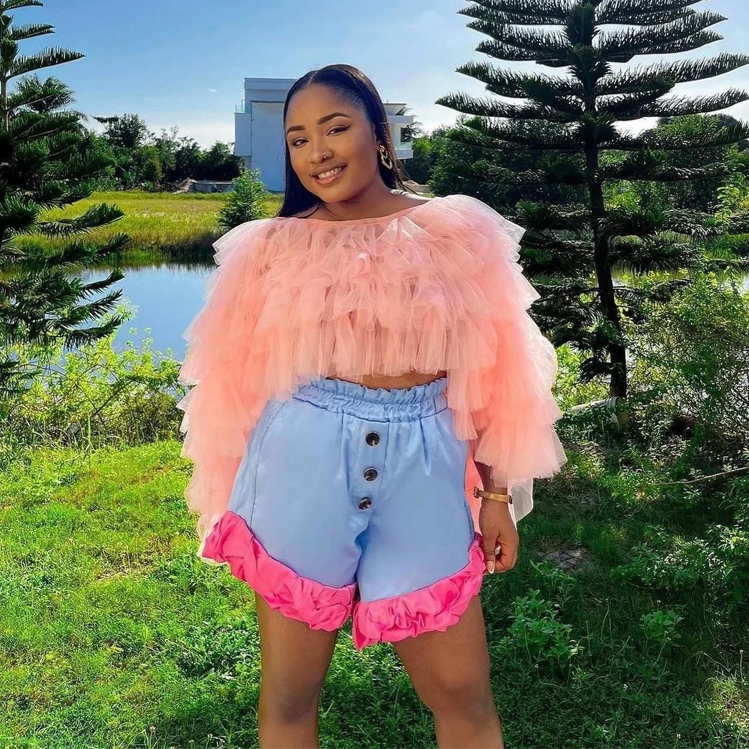 

Pink Tiered Tulle Long Sleeves Tulle Cloak Women Jacket Any Color And Size Available Formal Wear Party Short Tops