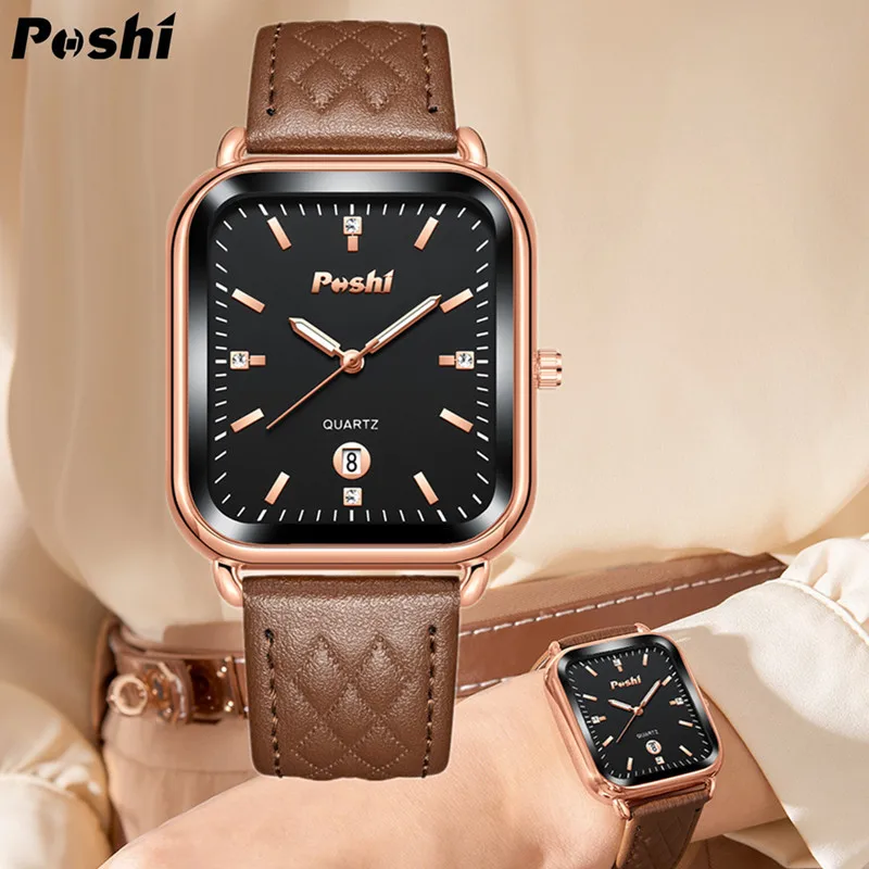 女性用スクエアクォーツ時計,高級時計,レザーブレスレット,カレンダー,耐水性,ギフト