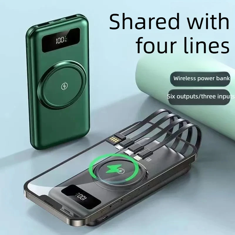 5V 20000mAh Portable Wireless Power Bank with Built-in 4-in-1 Cable for iPhone Huawei Android Fast Charging Mobile Power