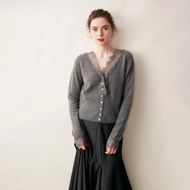 

Women's Gentle Lady Style 100% Goat Cashmere Sweater Lace V-neck Long Sleeve Cardigans Autumn Winter Cashmere Knitwear Tops