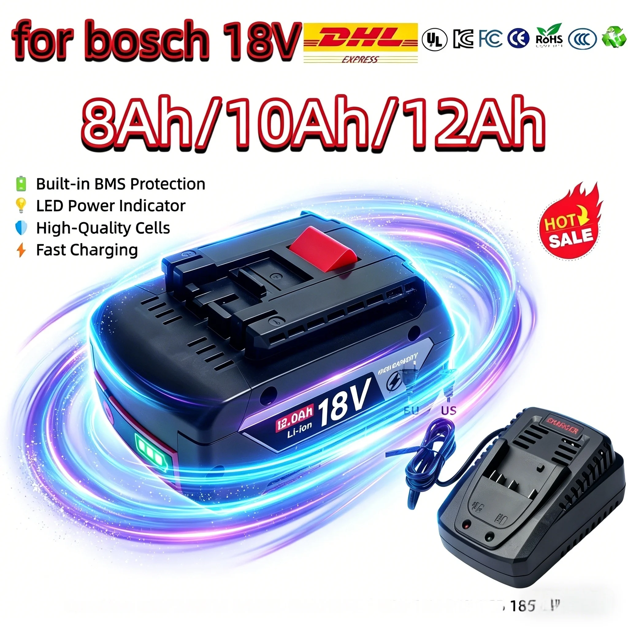 

For Bosch 18V Battery 8Ah 10Ah 12Ah BAT618 BAT609 GBA18V80 for GDR 18V-215 GSB 185-LI EU Stock with BMS protection