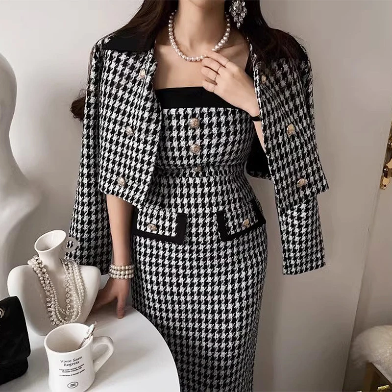 Wholesale 2023 Autumn Retro Small Fragrant Short Coat Thousand Bird Checker Slim Fit Strap Dress Women's Set