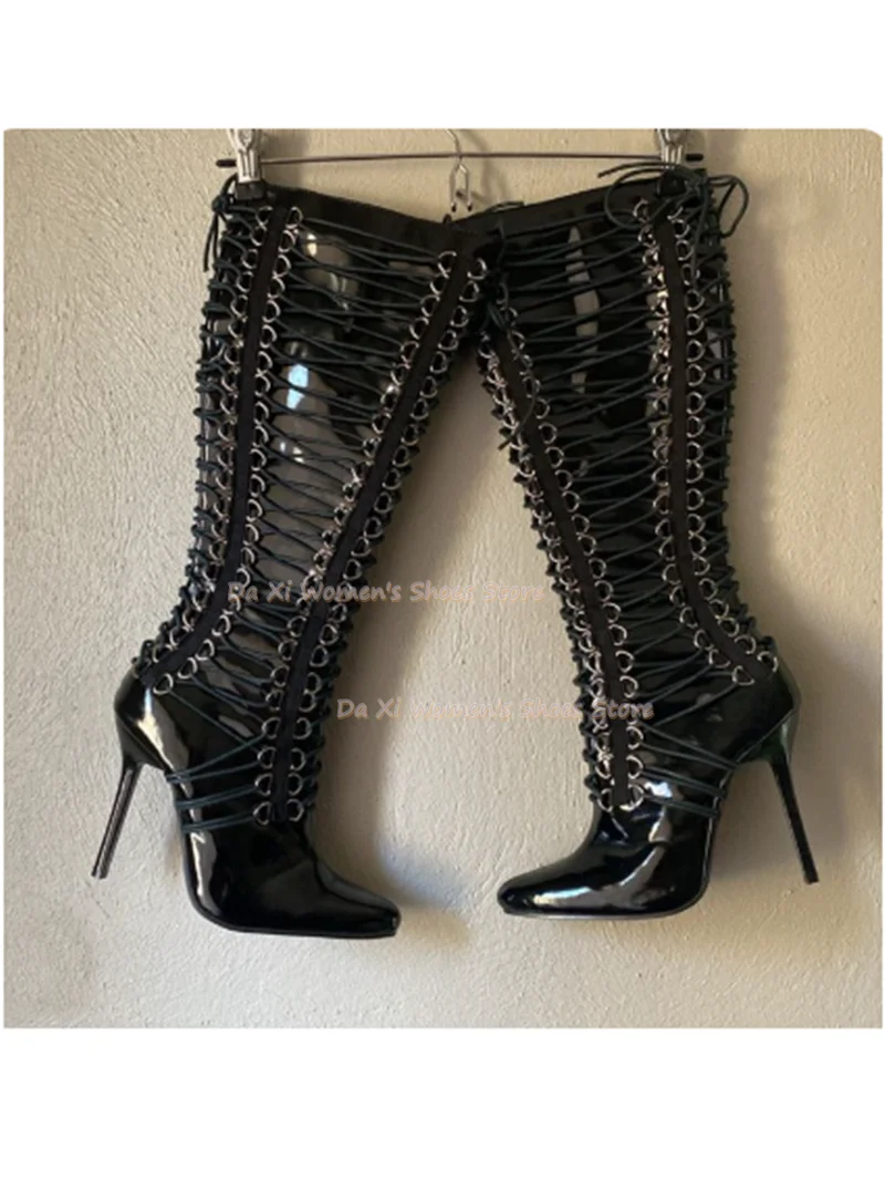 Pointed Tip Stiletto Heels Side Multiple Thin Strap Decorate Match Metal Ring Women's Black Patent Leather Knee-High Boots 2026