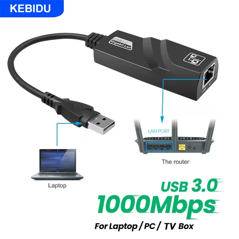 

KEBIDU 10/100/1000Mbps USB 3.0 Wired Network Card USB to RJ45 LAN Ethernet Adapter for Windows Laptop PC Accessories