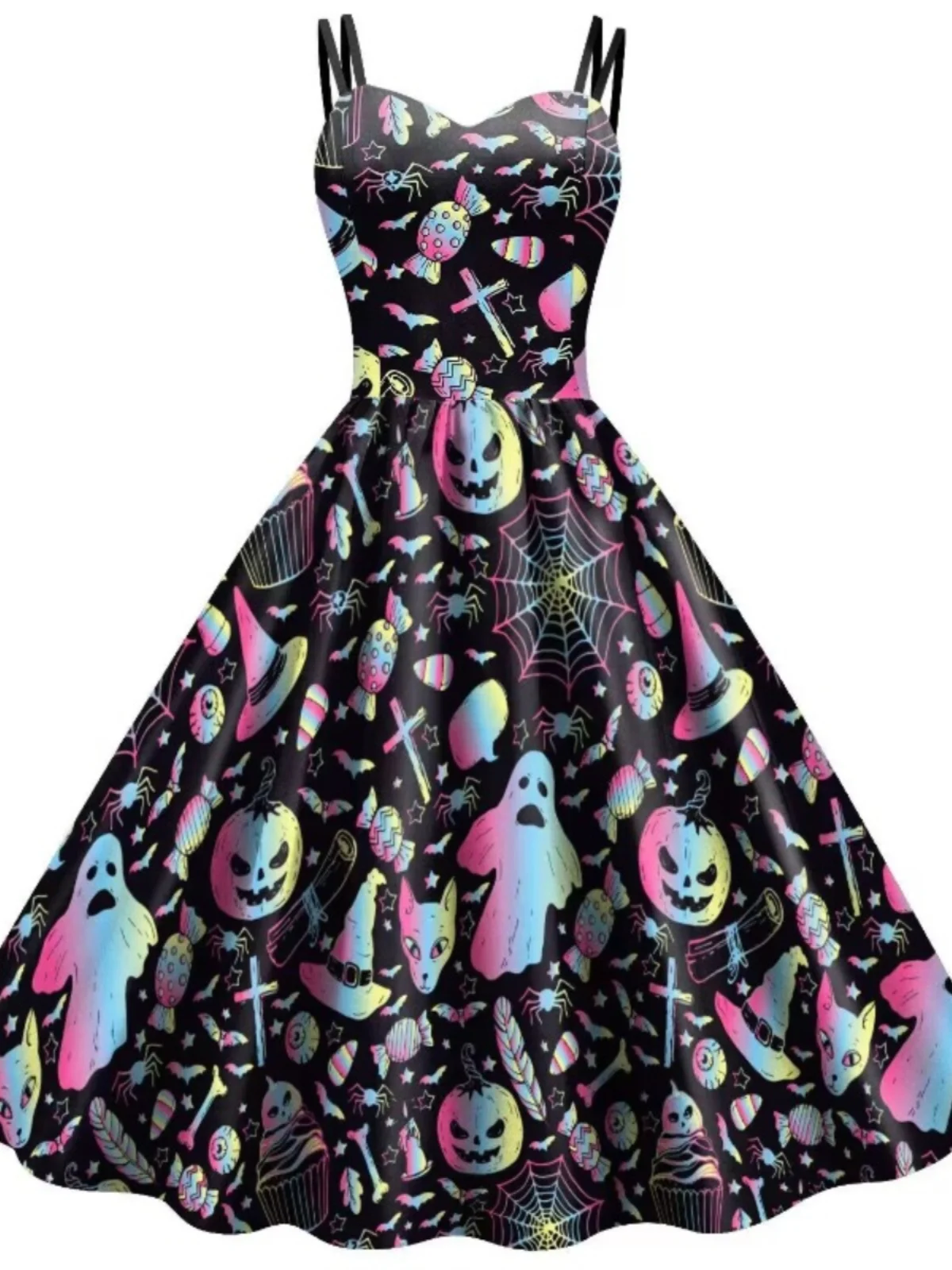 Sexy Slim Fit Bat Pumpkin Cartoon Print ter Dr loween Dames midden taille Polyester Vezel Midi Rok V Ne a Line Dr