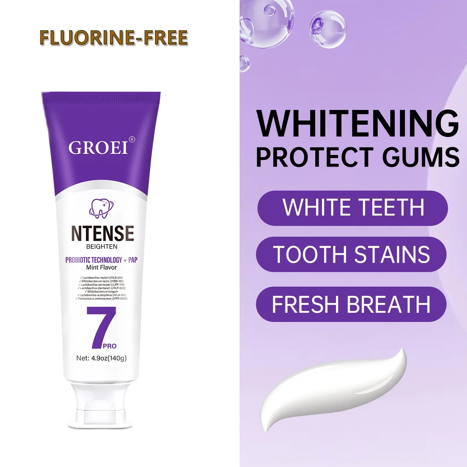 

GROEI SP7 Пробиотическая отбеливающая зубная паста 140 г Отбеливание зубов без фтора Свежее дыхание Уход за деснами для желтых зубов Нежить