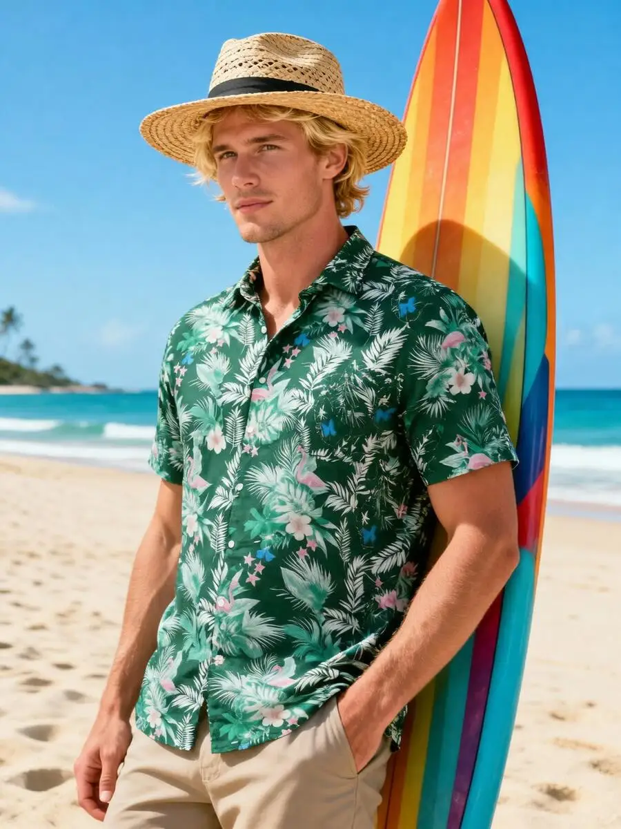 

Mens Tropical Print Short Sleeve Button Up Shirt Dark Green Beach Vacation Casual Shirt