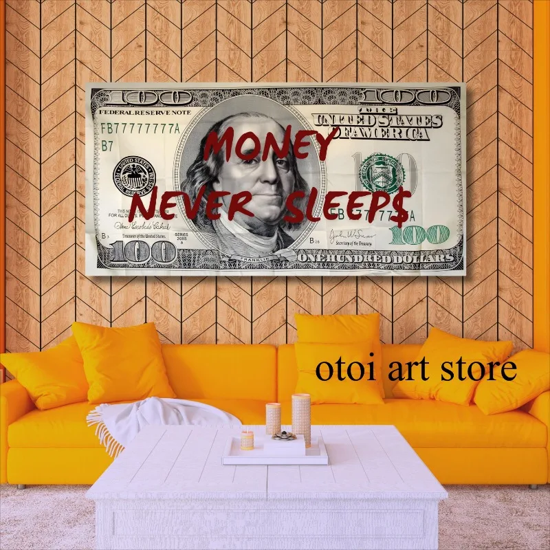 Money Never Sleeps Inspirational 100 Bill Dollar art poster canvas painting Wall Prints Picture office Living Room home Decor view 4