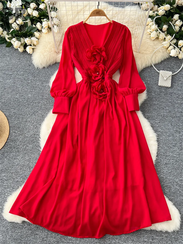 SINGREINY Autumn Elegant Dresses Woman Lantern Sleeves V Neck 3D Flower Button Design Fashion Sequins Senior Large Swing Dress