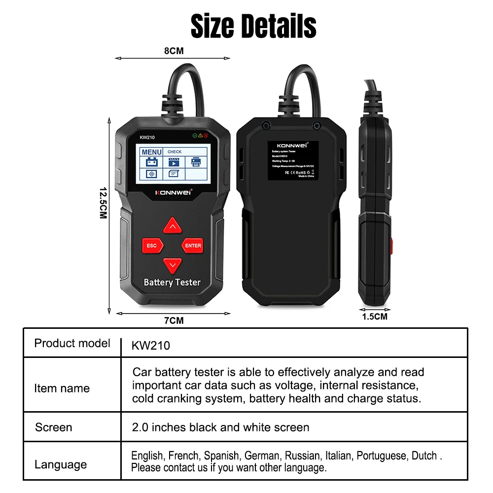 2025 KONNWEI KW210 12V Car Battery Tester Automatic Smart Auto Battery Analyzer 100 To 2000CCA Cranking Car Battery Tester Tool