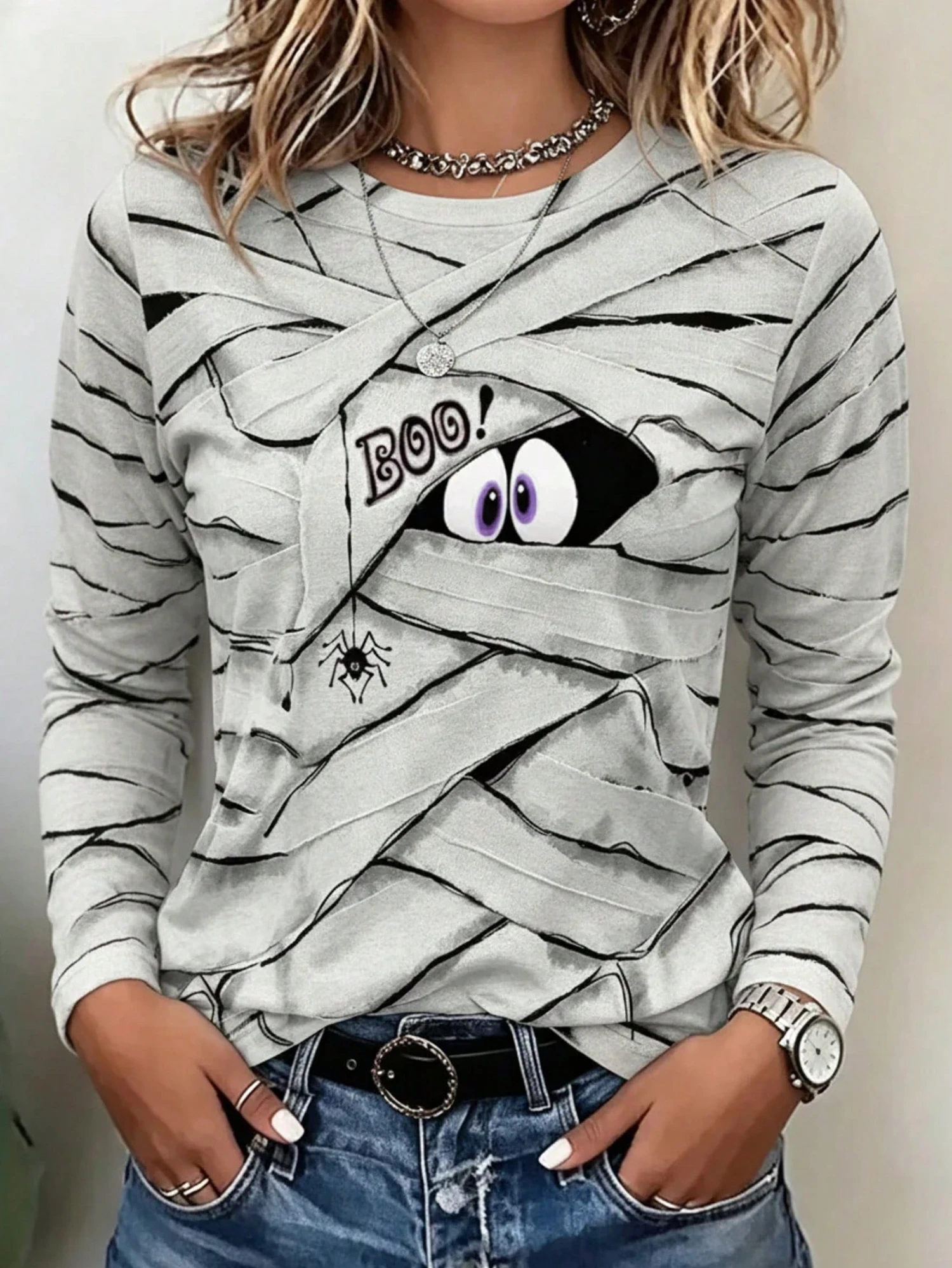 Damen-Halloween-T-Shirt, Rundhalsausschnitt, lange Ärmel, orange, Mumienauge, Boo-Buchstaben-Print, lockere Passform, Halloween-Freizeit- und Alltagsmode. – Detail 5