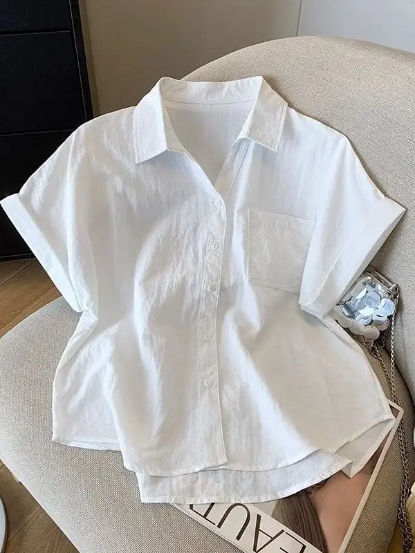 Camisa azul de manga corta con cuello  para mujer, blusa holgada y versátil de verano, blusa súper hermosa para figuras p...