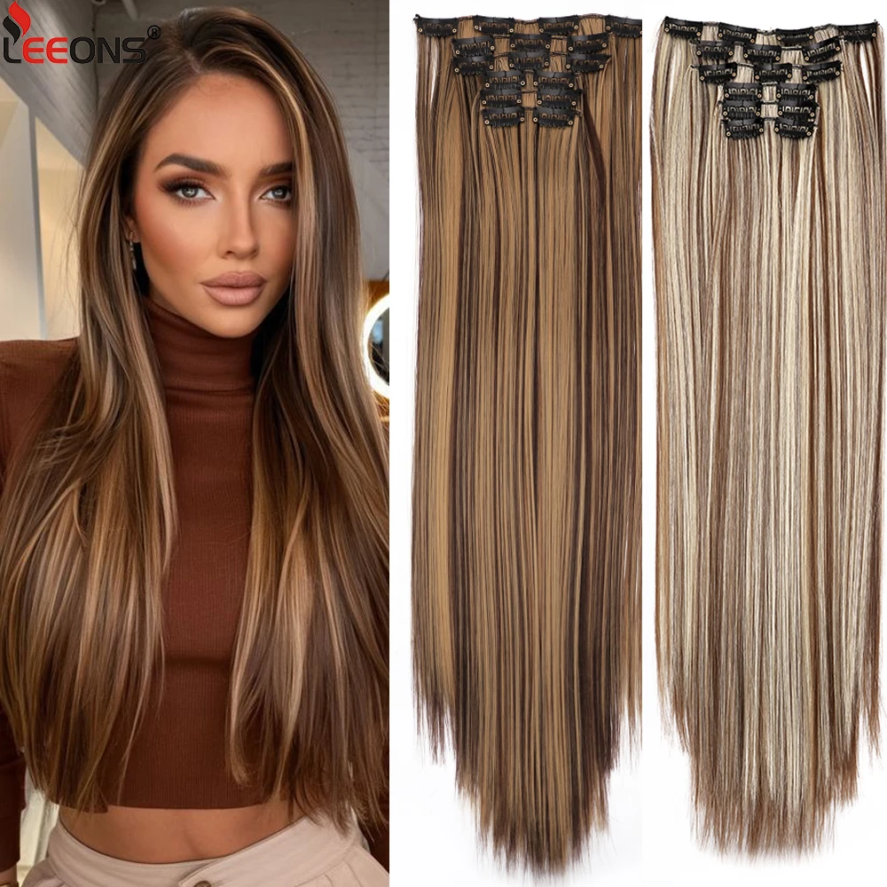 

Black Clip In Extensions Straight 22" Long Synthetic Thick Clips On Hair Piece For Women 6Pcs/Set Curly Full Head Weddings Daily