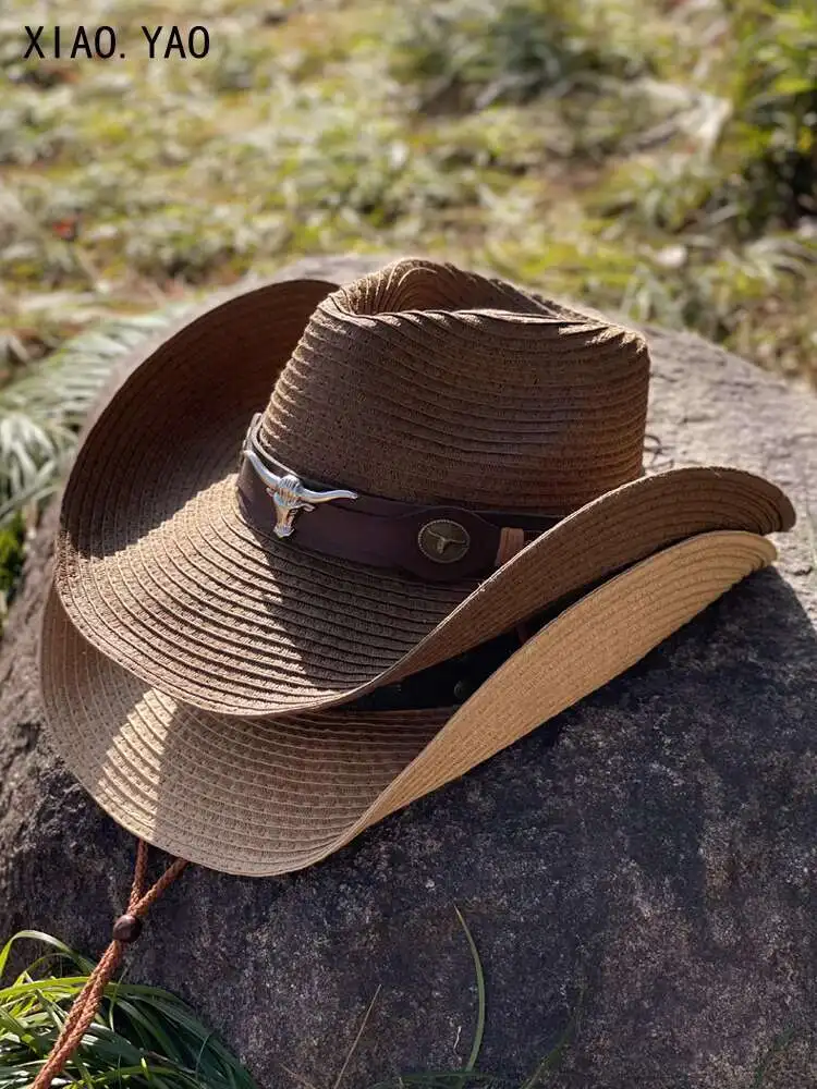 

Solid Color Western Cowboy For Men Women, Spring And Summer Outdoor Grassland Travel, Photography, Sun Large Eave Grass Hat,