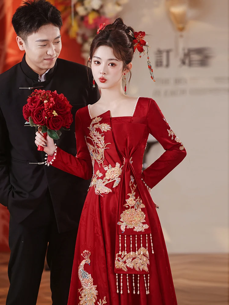 

Новое китайское свадебное платье с длинными рукавами для помолвки и торжественного ужина, элитное, для летней свадебной церемонии