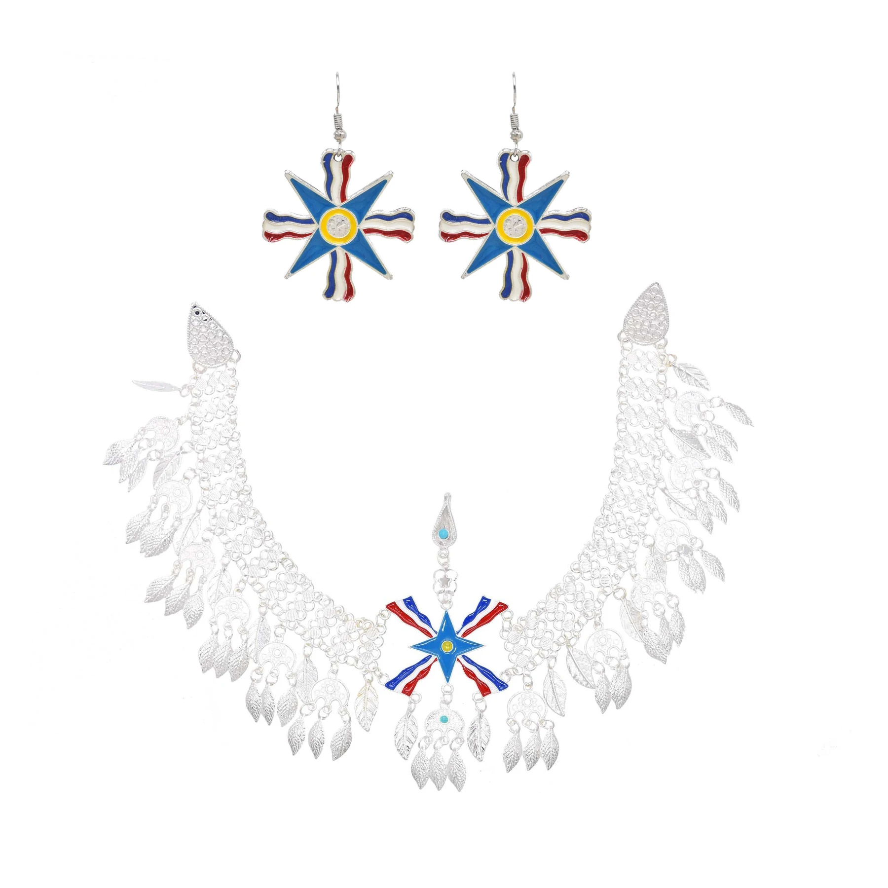 Silvery Leaf Tassel Colorful Flag Hair Accessories Earrings for Women Traditional Assyrian Kurdish Assyria Ethnic Jewelry Sets