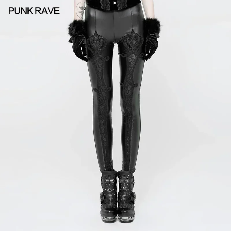 PUNK RAVE Gothic Elastic Waistband Flowers Embroidery Leather Leggings Vintage Embossed Mesh Lace Club Party Sexy Women Pants