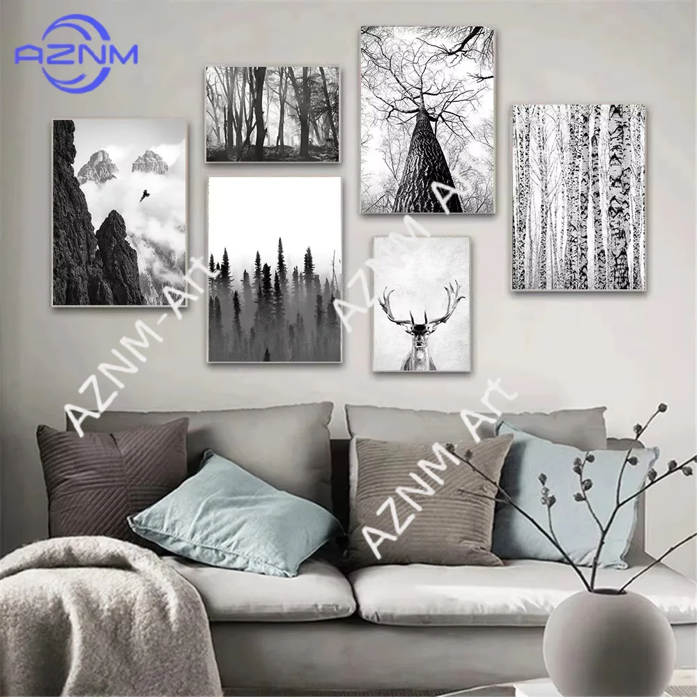 1PC Modern black-and-white forest nature elk poster living room classroom canvas decoration
