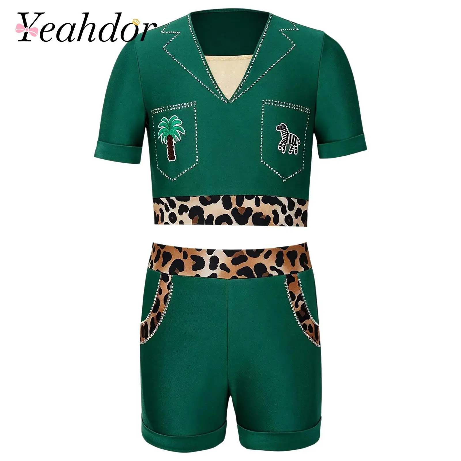 Kids Girls Explorer Adventurer Costume Leopard Print Outfit Short Sleeve Crop Top with Shorts for Masquerade Children's Sets