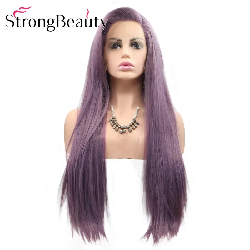 

StrongBeauty Длинные прямые синтетические парики для косплея на кружеве спереди Фиолетовый женский парик Термостойкие волосы