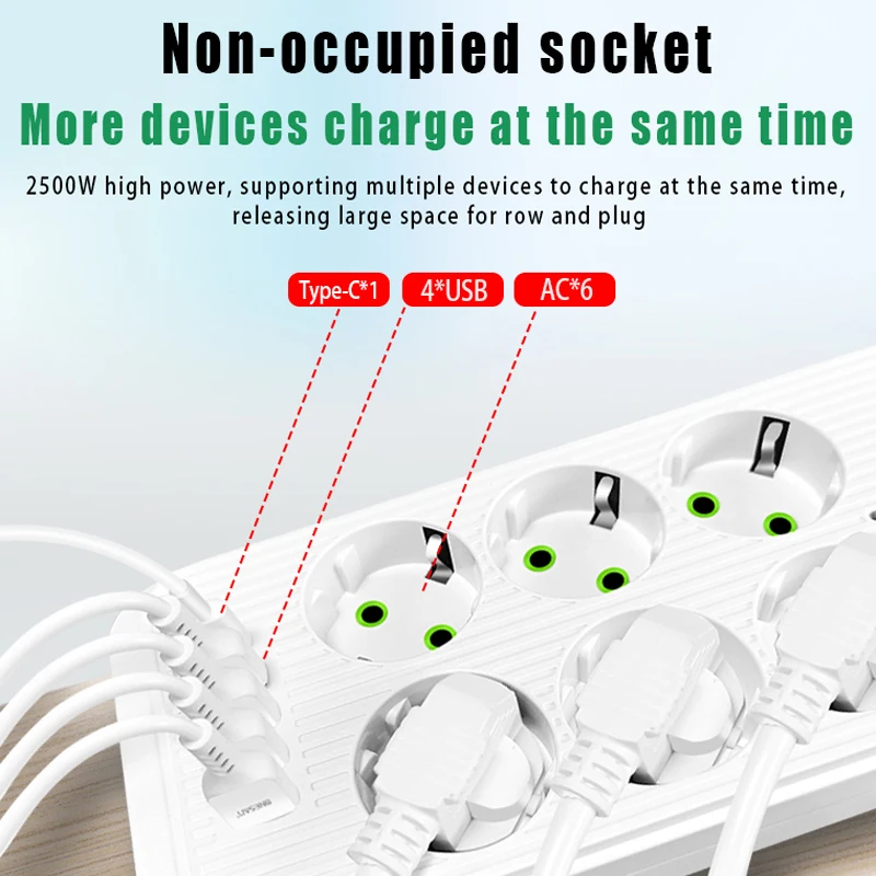 EU Plug AC Outlet Smart Power Strip Multiprise Extension Cord Electrical Socket Network Filter With 4USB Type C PD Fast Charging