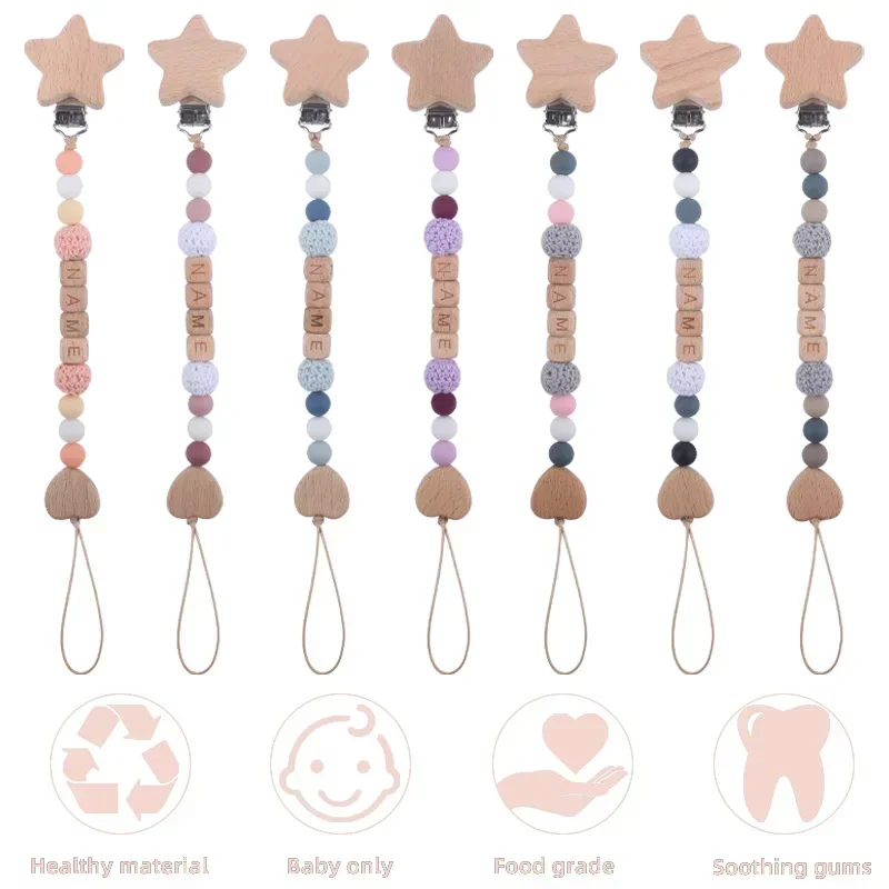 Baby Pacifier Clips Personalized Name DIY Stars Wooden Silicone Beads Teethers Dummy Nipple Holder Clip Newborn Teething Toys