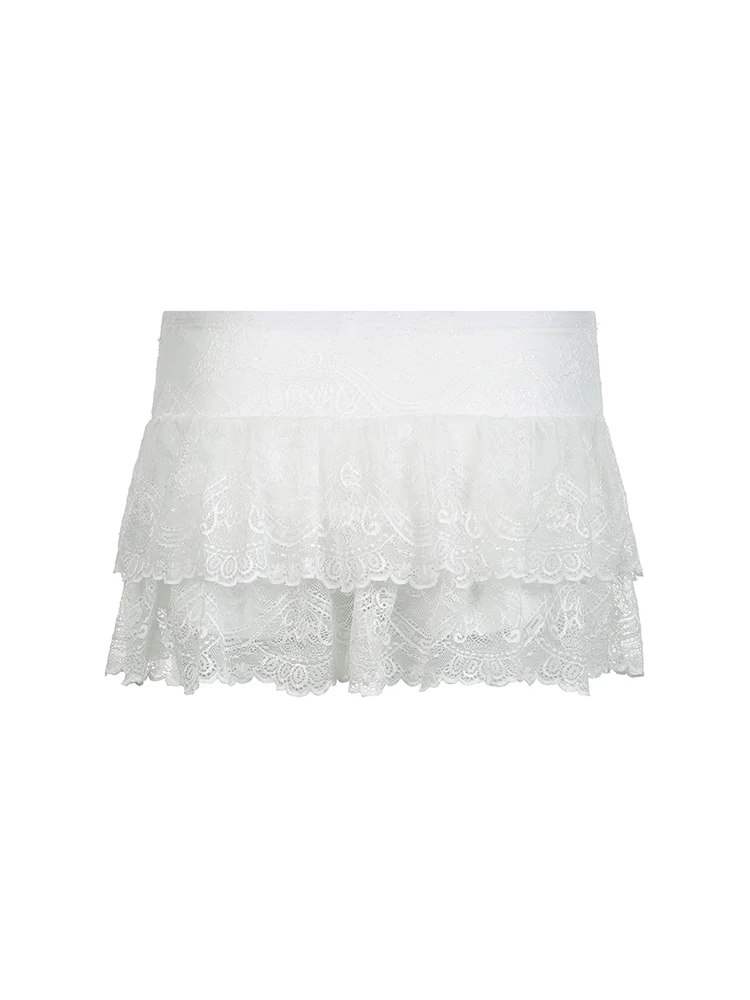 Black Solid Low Waist Tiered Lace Shorts Skirts Womens White Fairycore Micro Boho Skirt