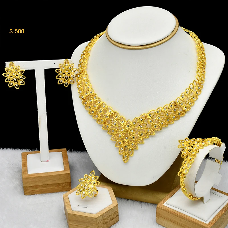 Dubai Luxurious Gold Color Jewelry Set Leaf Necklaces For Women Bride Earrings Rings Indian Nigerian Wedding Jewelery Set Gifts