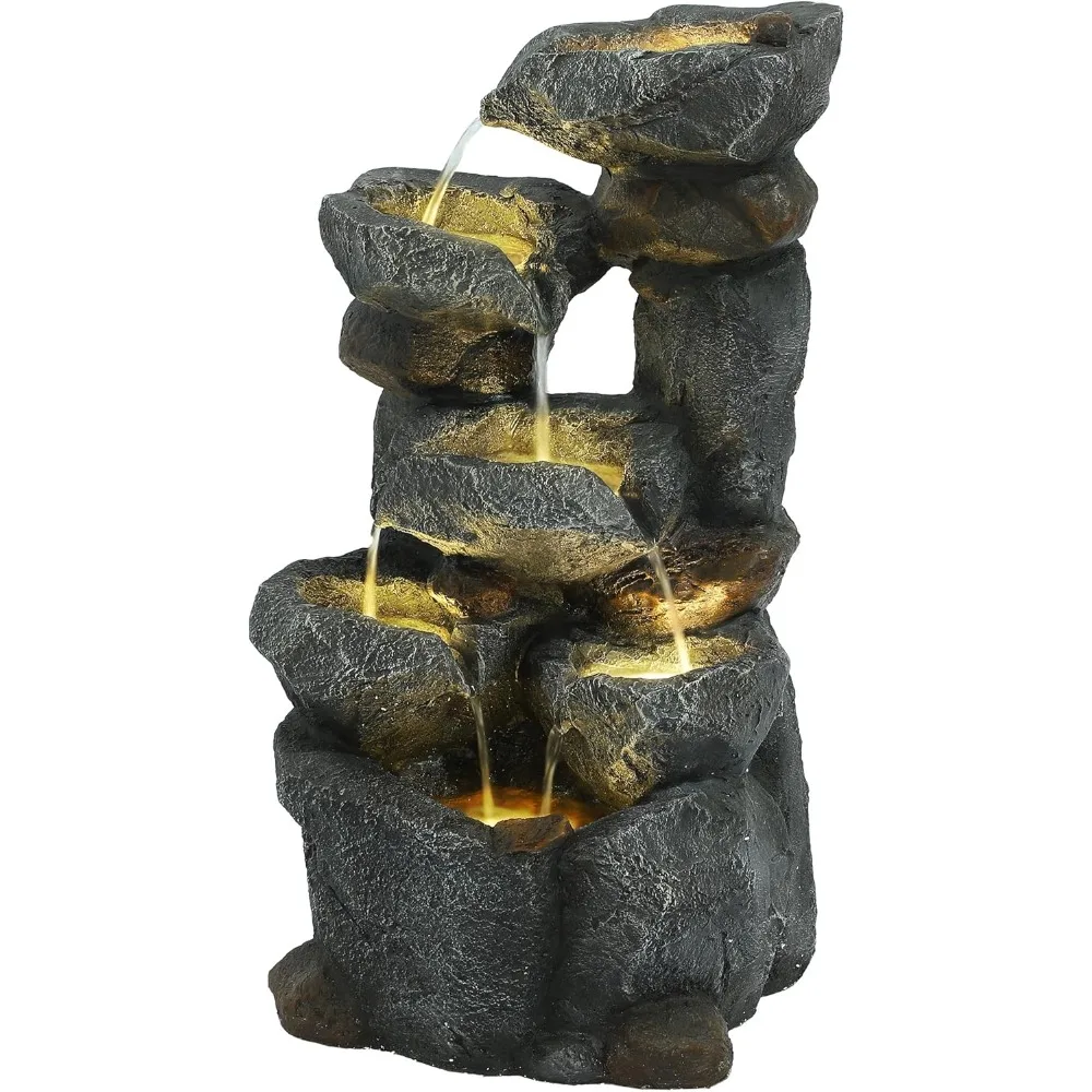 

Cascading Rock Outdoor Waterfall with 6 LED Lights, Modern Indoor/Outdoor Floor Standing Fountain, 35" H