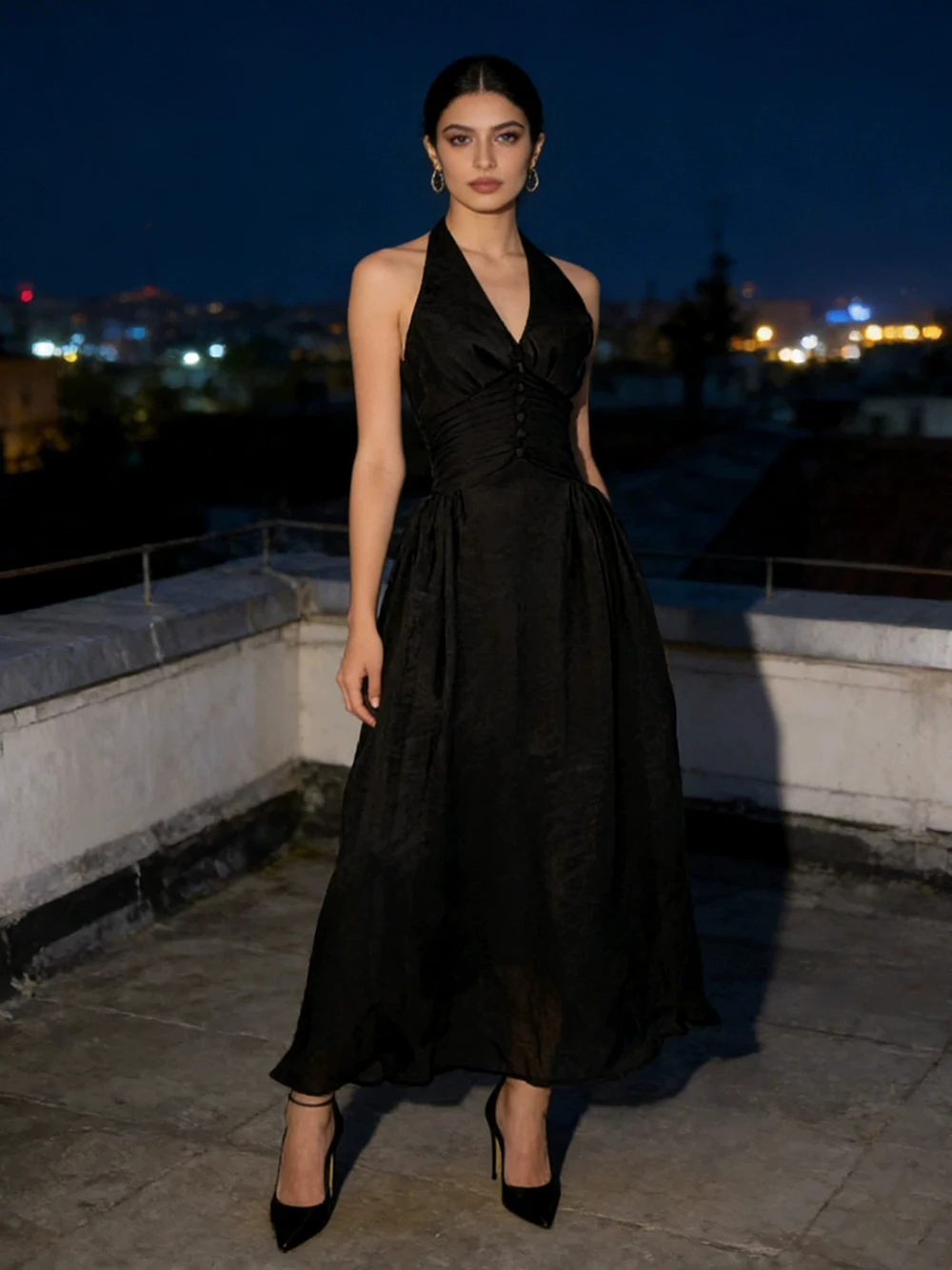 

Элегантное французское однотонное длинное платье А-силуэта с открытой спиной и вырезом на шее, новинка весны 2026