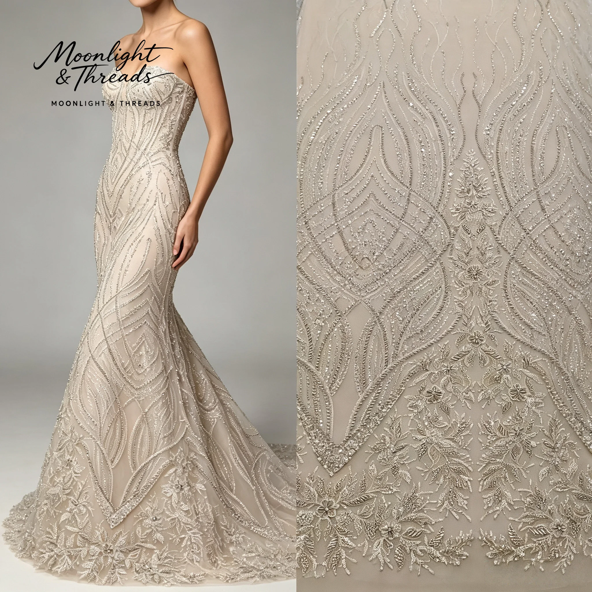 New 2026 gorgeous long mermaid wedding dress with strapless sequined lace design.