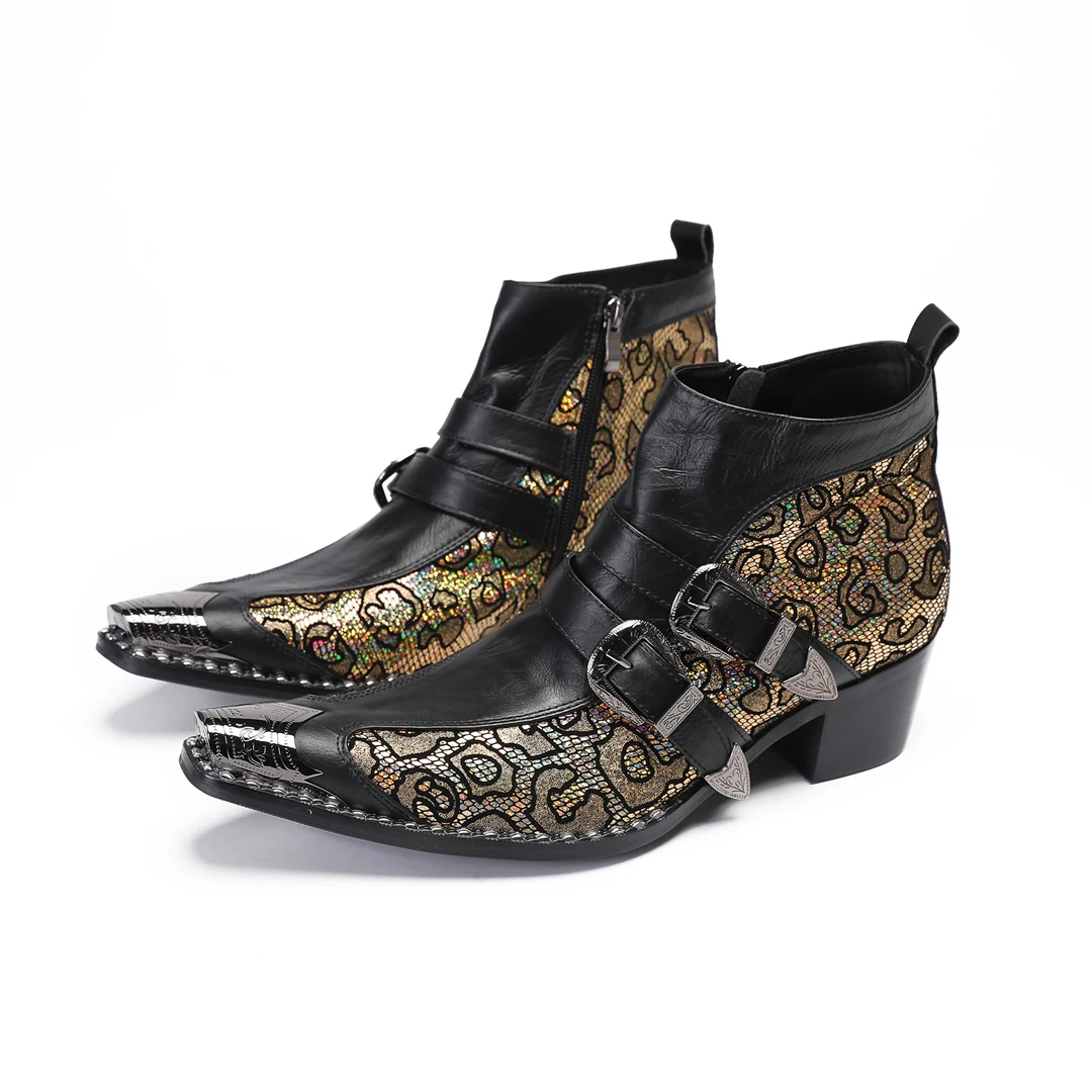 fashion gold leopard print real leather men ankle boots man pointed toe motorcycle cowboy short boots night club party shoes