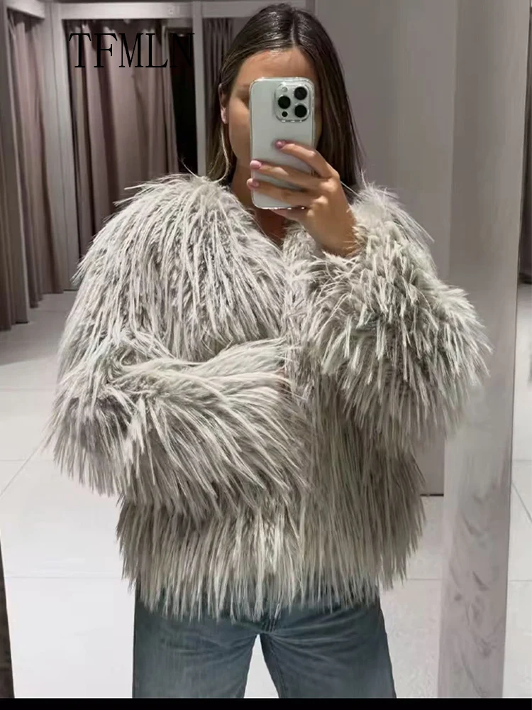 

Элегантные женские куртки из искусственного меха, шикарные повседневные свободные вечерние пальто с круглым вырезом и длинными рукавами, женская теплая верхняя одежда в стиле ретро, осень-зима 2023 г.