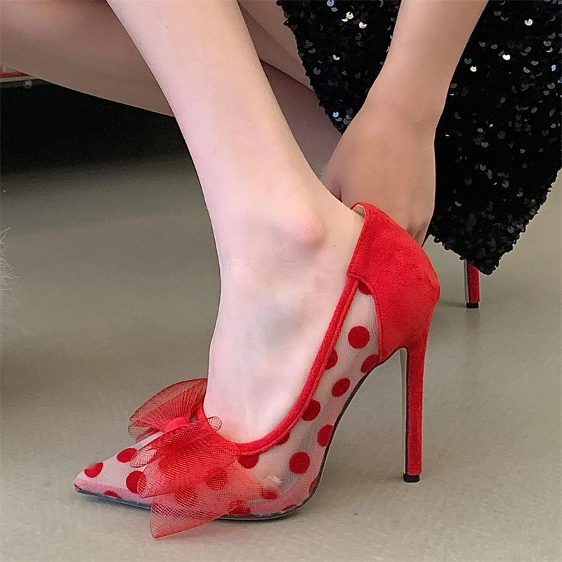 Aneikeh Fashion Elegant Polka Dot Mesh Stiletto Heels Women Red Black Tulle Bow Pointed Toe Side Cutout Pumps Party Shoes - view 3