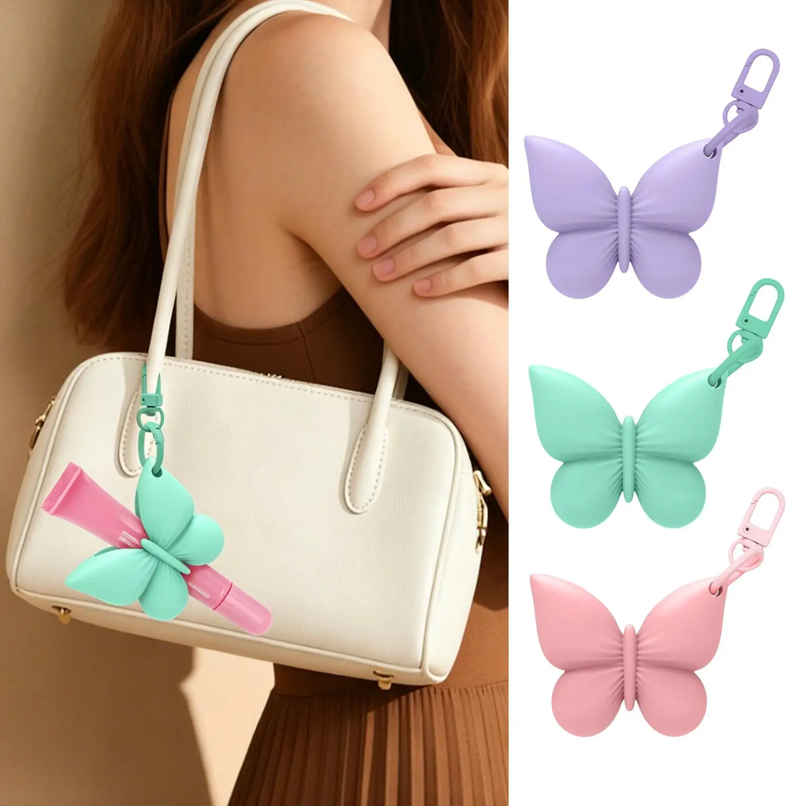 Cute Butterfly Lip Balm Holder Silicone Keychain Case Protective Sleeve for Lip Gloss, Women Teens, Purse, Backpack Travel, Gift