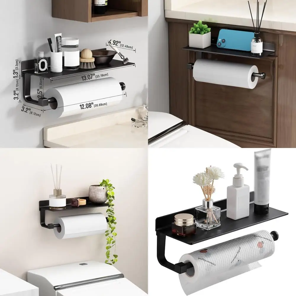 

Matte Black Adhesive Wall-Mounted Paper Towel Rack with Shelf for Bathroom and Kitchen