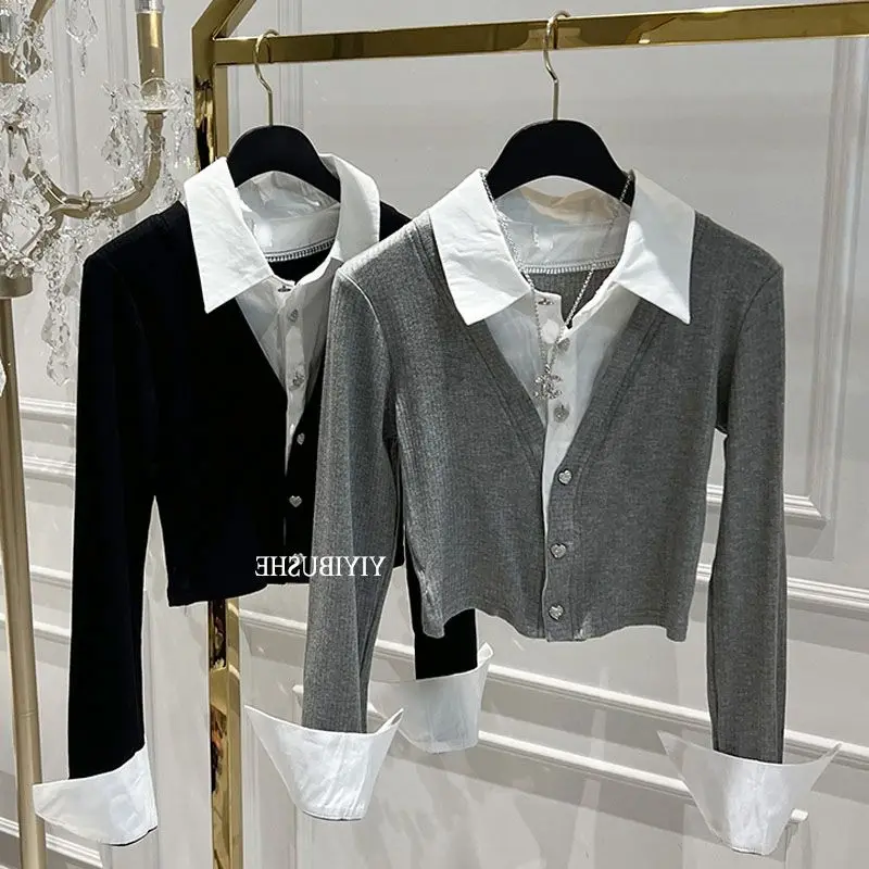 Women Two‑piece Long Sleeve T‑shirt Turn‑down Collar Cropped Waist‑revealing Cardigan Sexy Temperament Ins Tops