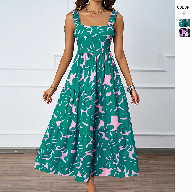 

European Women's Summer Halter-style Casual Resort Floral Print A-line Dress